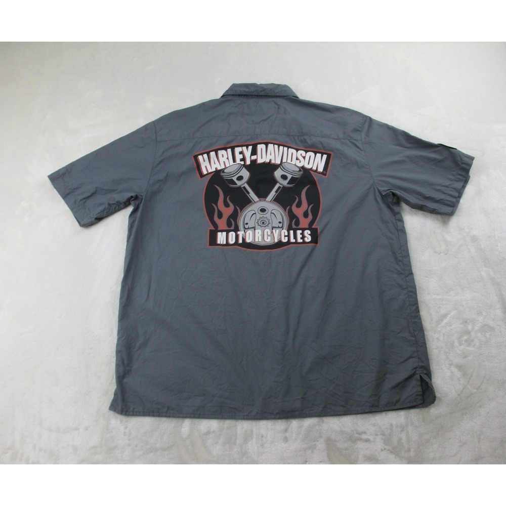 VINTAGE Harley Davidson Shirt Mens Extra Large Gray Button Up Mechanic Patches*